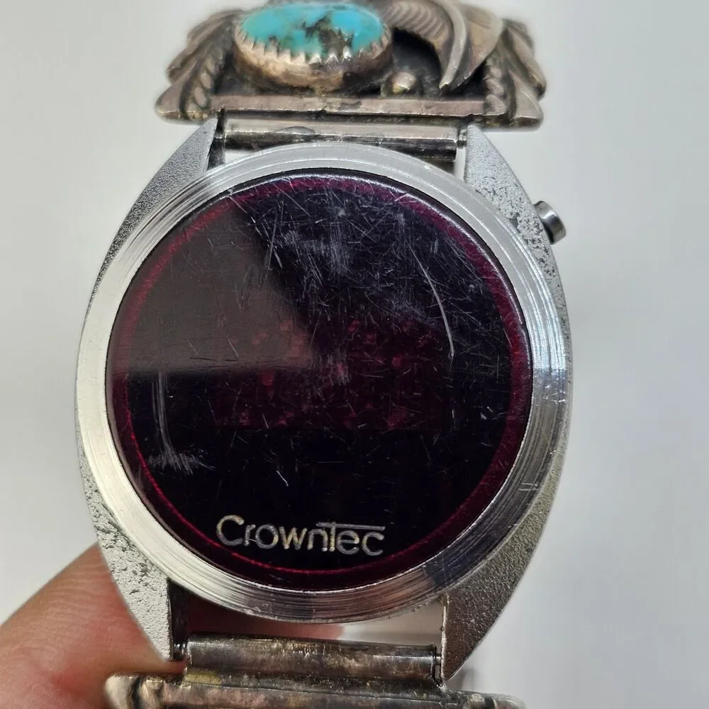 VTG Navajo Sterling Silver Flower Coral Turquoise Band‎ CrownTec Digital Watch